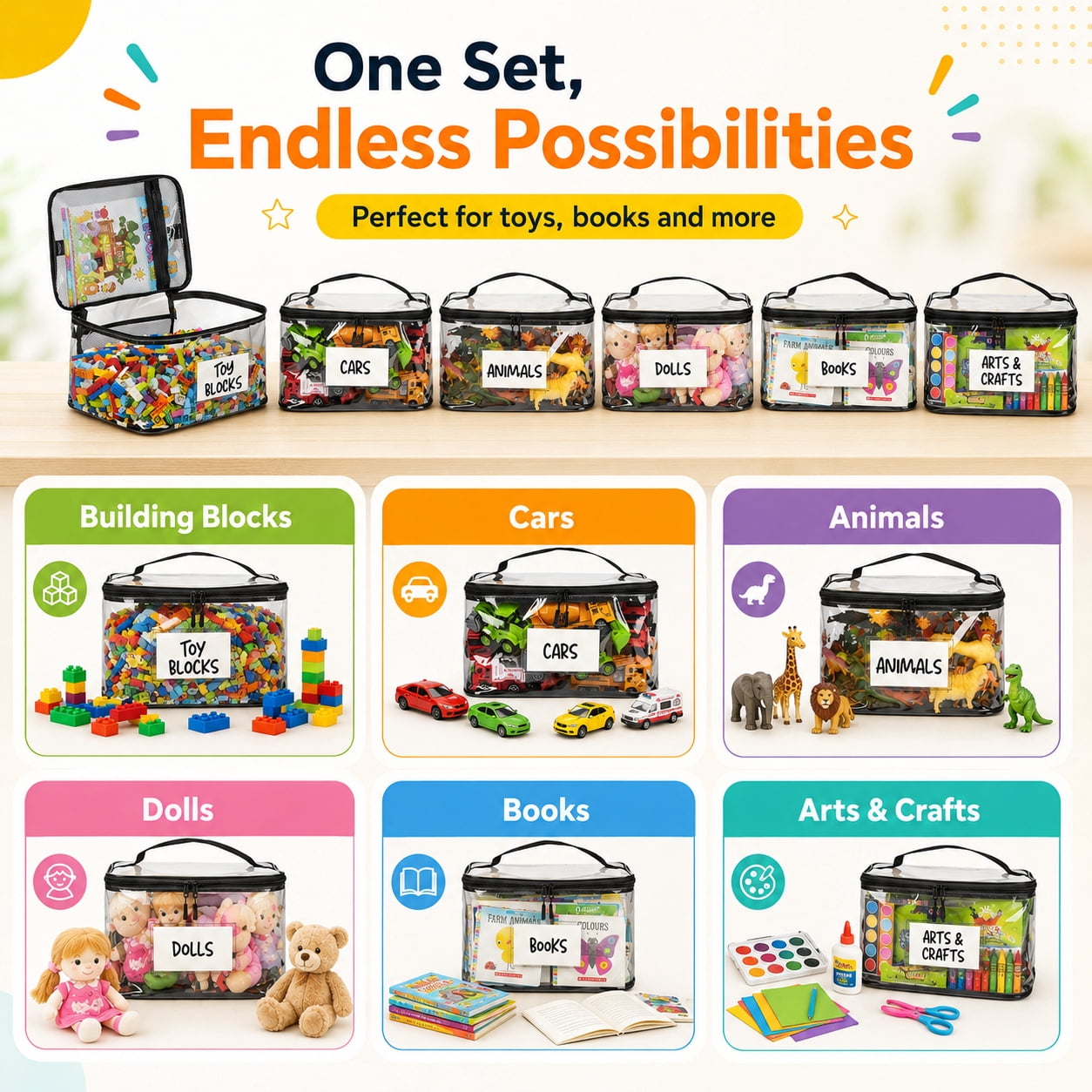 HBK 6 Pack Clear Toy Storage Bags with Handles, Zippered Organizer Bins for Puzzles Board Games Legos, Playroom Storage Containers with Label