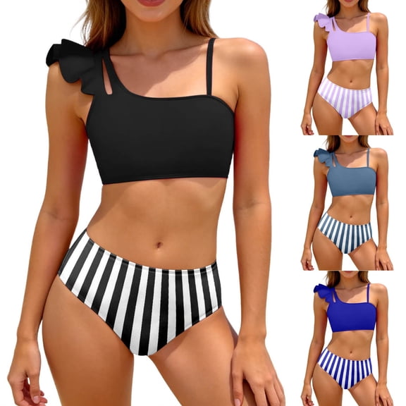 Xiaoxatg Girl's 2 Piece Swimsuits Cutout One Shoulder Striped Bikini Set Bathing Suits Swimwear 7-8 Years Light Purple