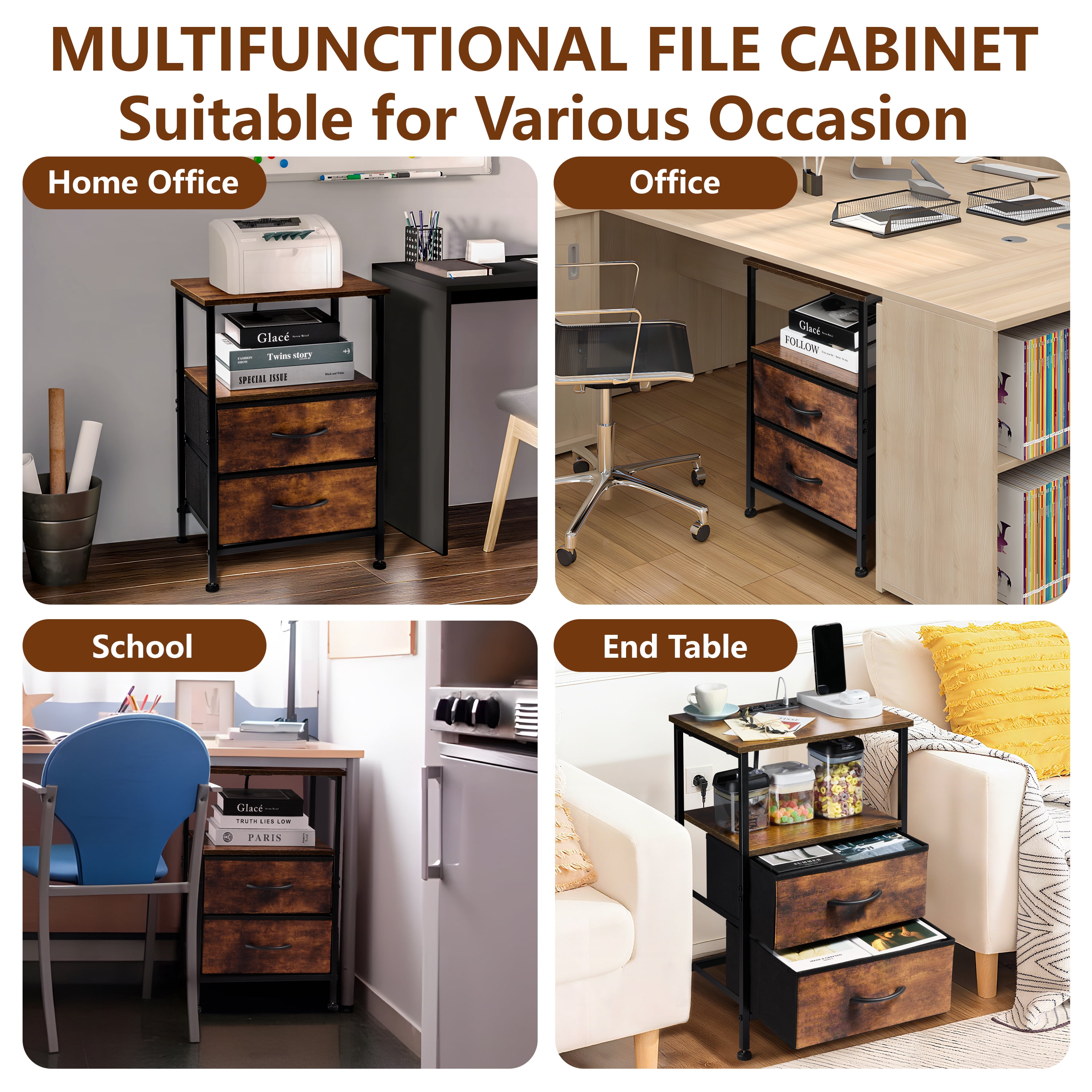 Coliware File Cabinet with Charging Station, Wood Printer Stand with Drawer Storage Shelves, Filing Organization Fits A4 Letter Size, Home Office Furniture for Under Desk Storage - Rustic Brown
