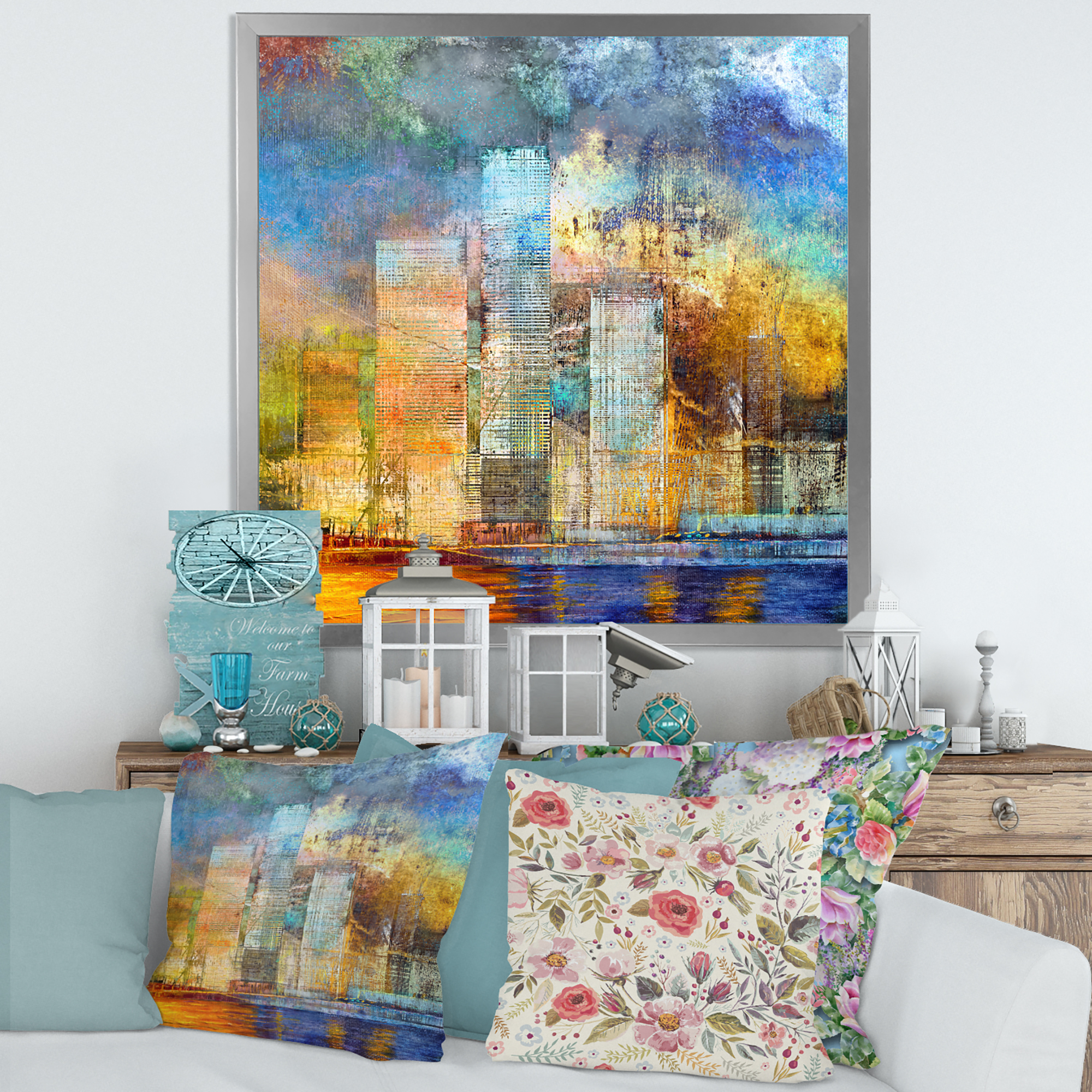 Designart 'Skypscrapers In Futuristic City' Modern Framed Art Print