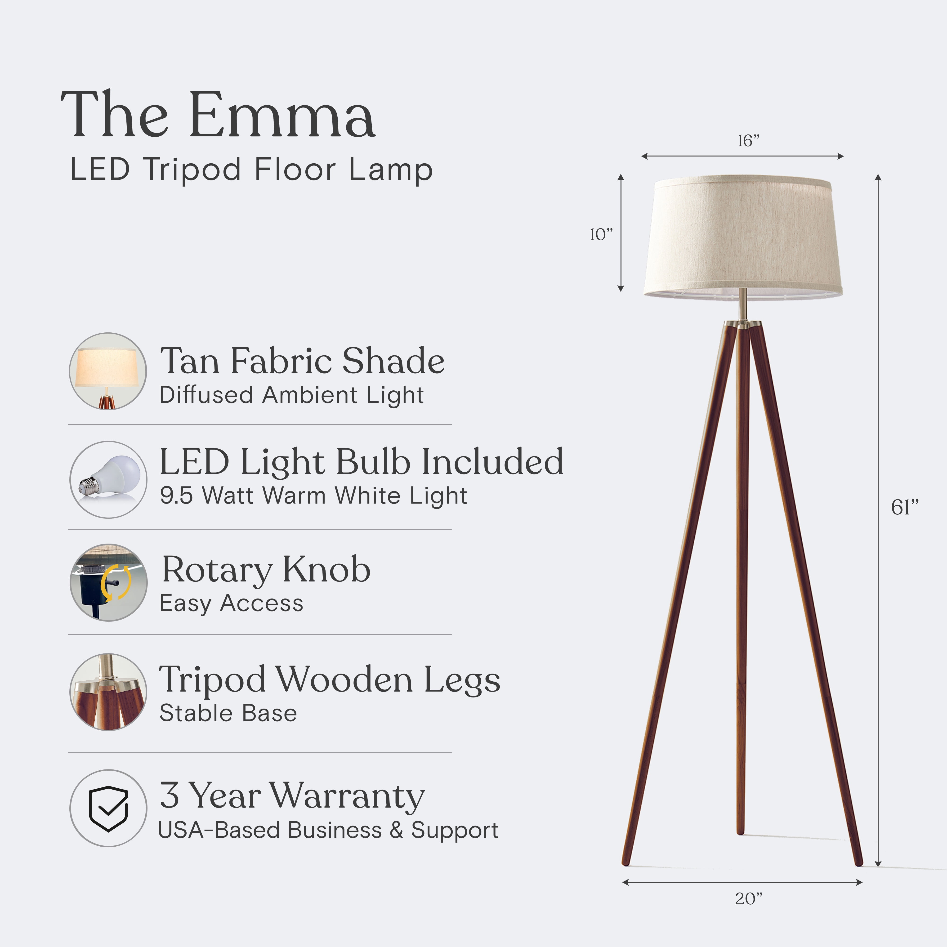 Brightech Emma 61 in. Walnut Brown Mid-Century Modern 1-Light LED Energy Efficient Floor Lamp with Beige Fabric Drum Shade