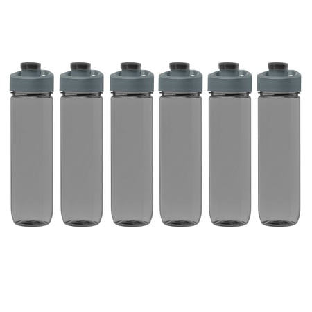 6 Clear Plastic Sports Bottles Set, 28 oz. - Flip Lid, Two Tone, Durable - Charcoal