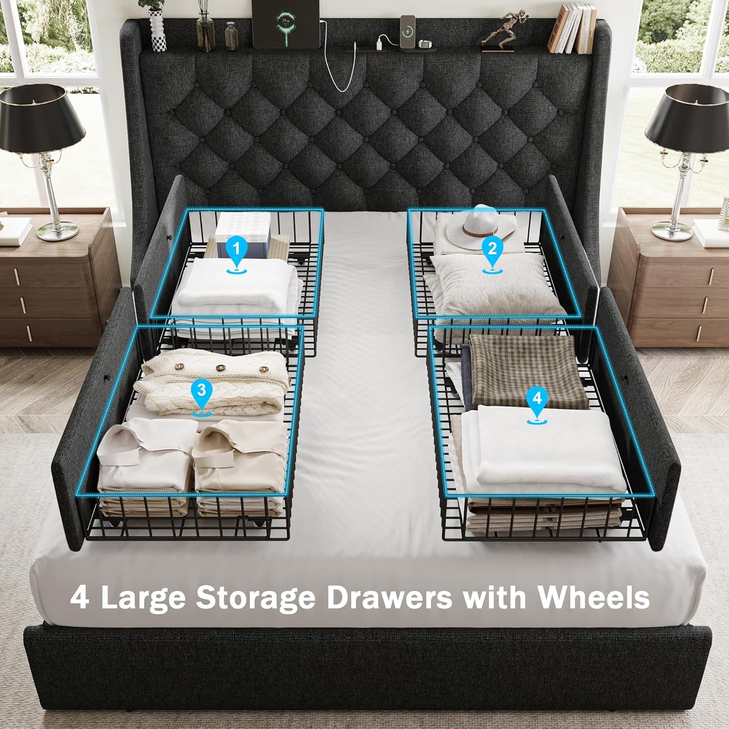 Galnfu Queen Bed Frame with 4 Storage Drawers, Giant Upholstered Wingback Headboard, Fast Charging Station, No Box Spring Needed, Noise-Free,Dark Gray
