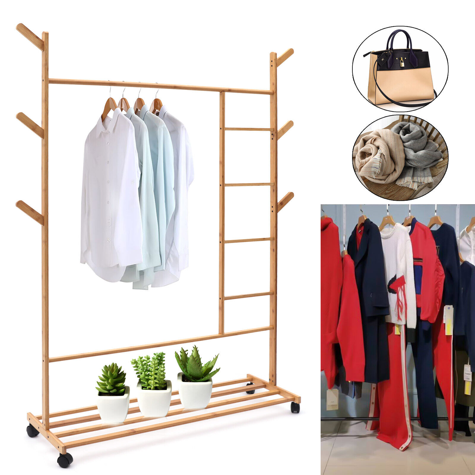 MONIPA Garment Rack Clothes Tree Stand Coat Hanger 360° Rolling Wheels