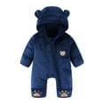 thumbnail image 2 of Wuxian Cute Boys Bodysuit Winter Fuzzy Thick Cozy Hooded Jumpsuit Long Sleeve Full Zip Up Overall Romper Relaxed Cozy Outwear Outfit,Navy,6-12 Months, 2 of 3