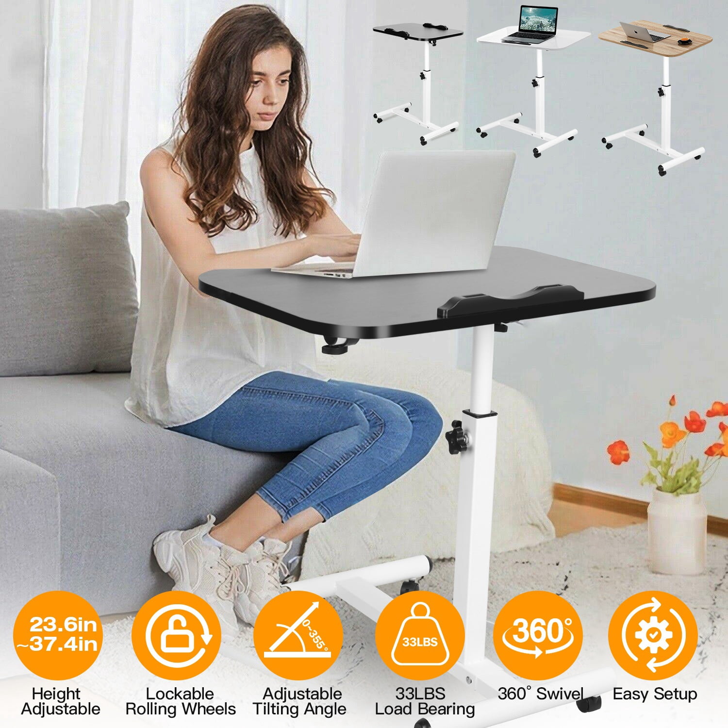 Adjustable Height Rolling Laptop Table Portable Mobile Standing Desk with Wheels Tilting Angle for Home Office 23.6x15.7x37.4in, Wooden