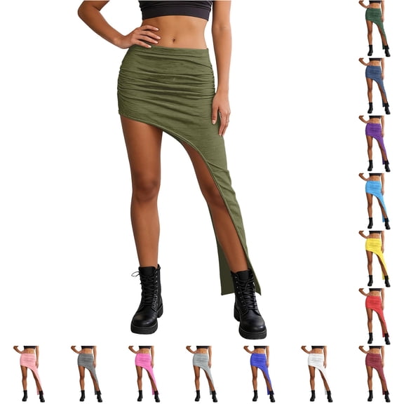 Wxolcjlv Women's Solid Ruched Asymmetrical Maxi Skirt High Waist Bodycon Chic Going‑Out Skirts
