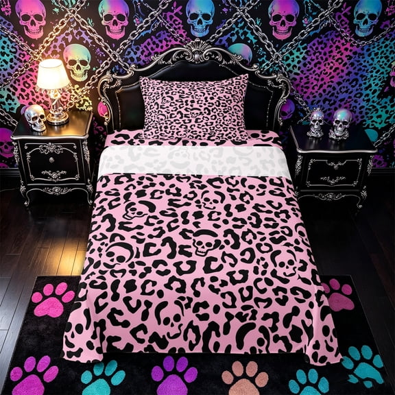 Castle Fairy Y2K Leopard Skull Twin Sheets 3pcs,Pink Cheetah Skeleton Silhouette Bedding,Hot Pink Black,1 Fitted Sheet,1 Flat Sheet and 1 Pillowcase