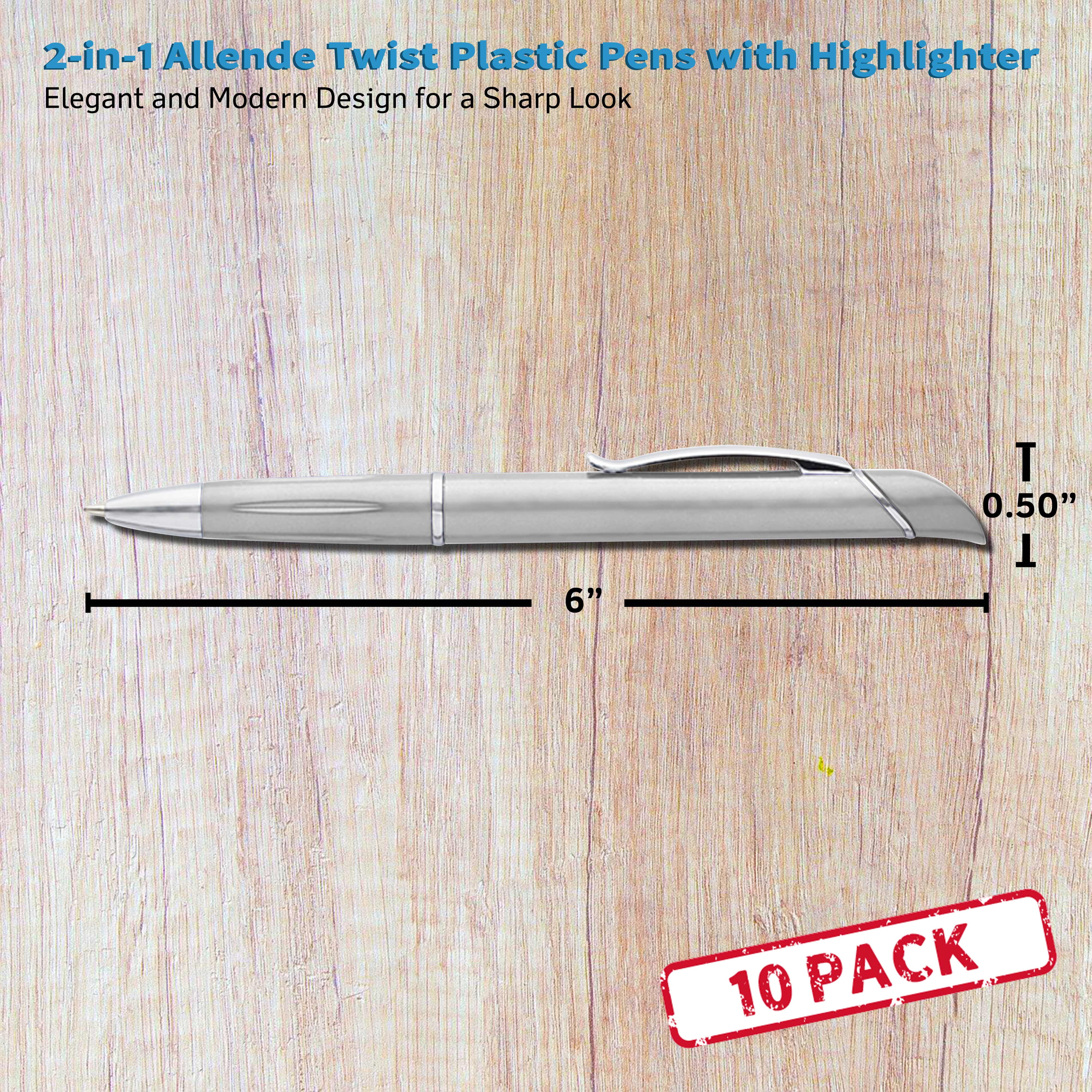 10 Allende Twist Plastic Pens with Highlighter Pack - Stylish, Durable, Black Ink - Silver