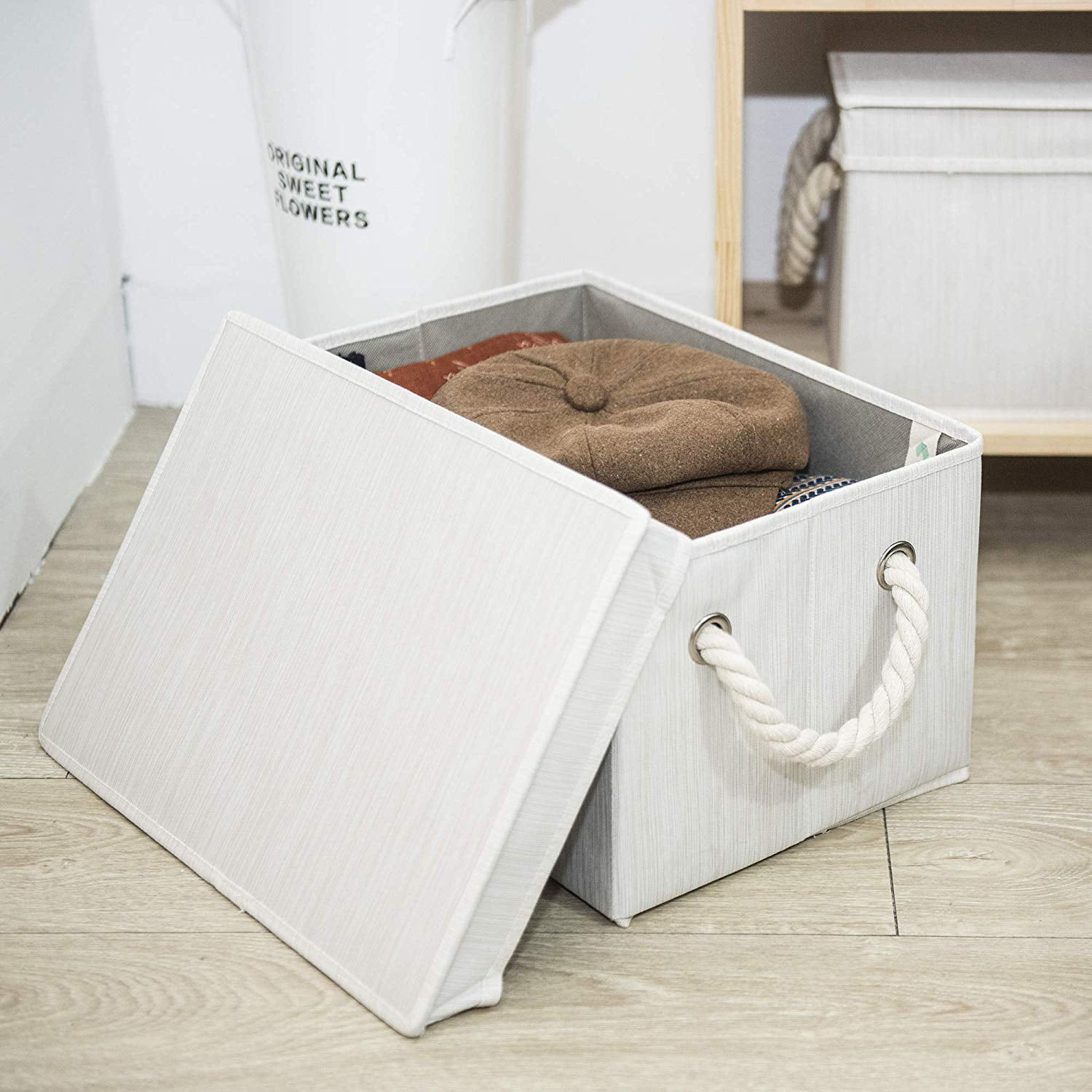 Storage Bins with Lid and Cotton Rope Handles, Foldable Storage Basket