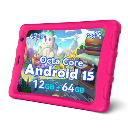 8 Inch Tablet with Sim Card Slot, Unlocked Tablets with 4G LTE, Octa Core, 12GB RAM 64GB ROM 2TB TF Expandable, 5100mAh, WiFi, GPS, Android 15 Tablet with Case, Pink