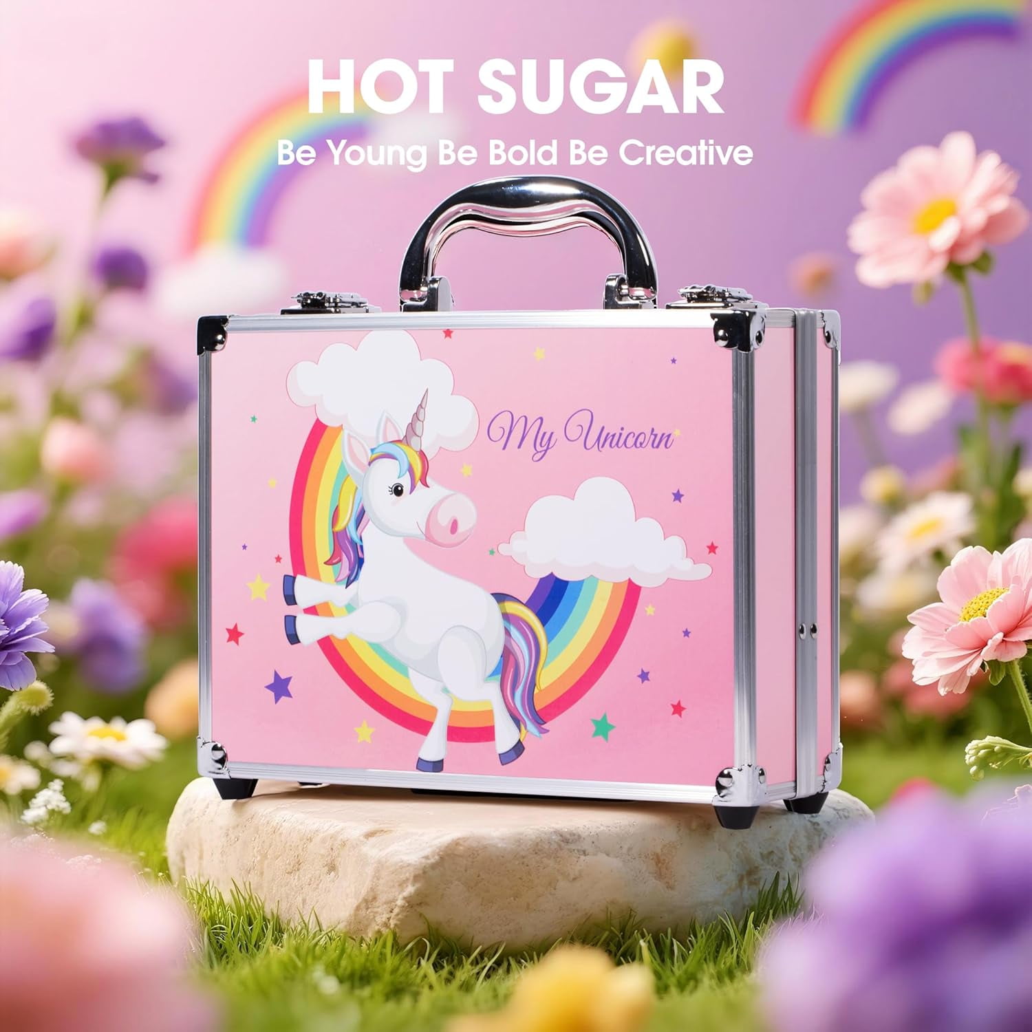 Hot Sugar Makeup Kit for Girls, Kids Makeup Set with Unicorn Train Case Includes Eyeshadow Palette, Blush, Lipstick, Lip Pencil, Eye Pencil
