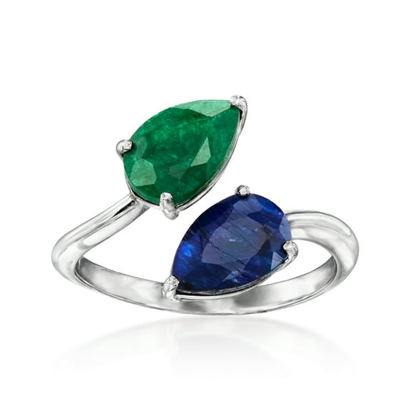 Ross-Simons 0.90 Carat Sapphire and .70 Carat Emerald Toi Et Moi Ring in Sterling Silver, Women's, Adult