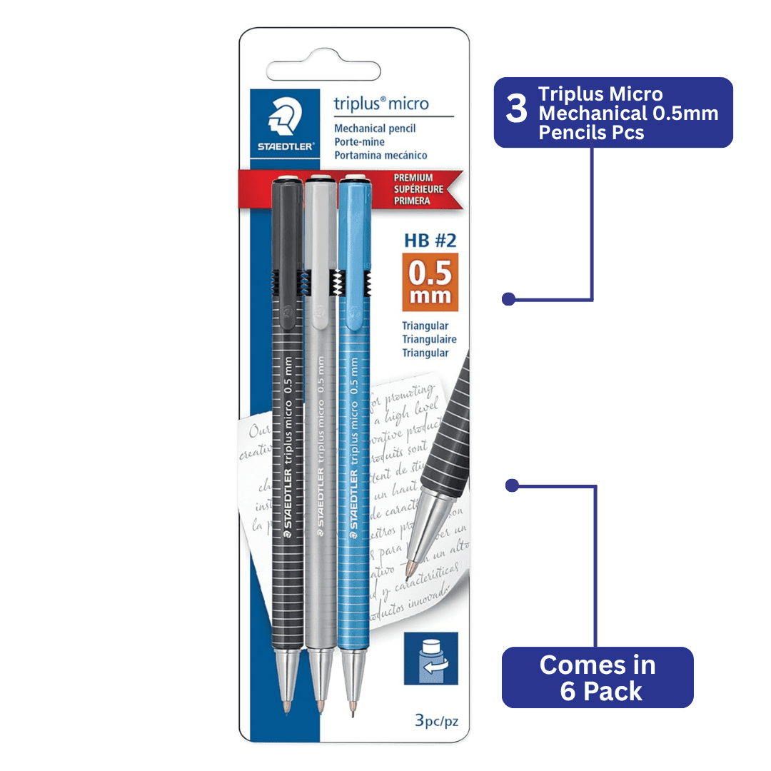 STAEDTLER Triplus Micro Mechanical Pencils 6 Pack (6 sets of 3 pcs) (#2) 0.5mm lead, Retractable with Twist Eraser, Ergonomic Triangular Grip for Writing, Drawing & Drafting, 18 Count