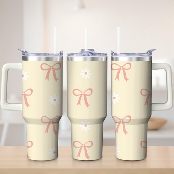 Pastel Bow Daisy Stainless Steel Insulated Mug with Lid and Handle, 30oz