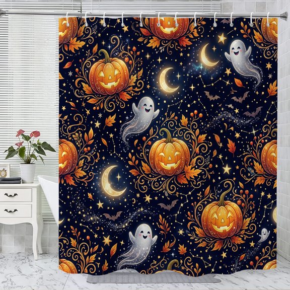 Halloween Shower Curtain, Night Pumpkin Polyester Fabric Bathroom Decor Curtain, Machine Washable Waterproof, Halloween Holiday Gift for Women Men, 72 x 72 Inches