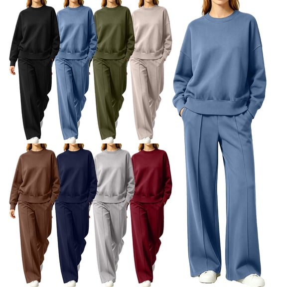 SYwaren Wide Leg Sweatpants for Women 2 Piece Outfit Long Sleeve Crewneck Loose Casual Outdoor with Pockets