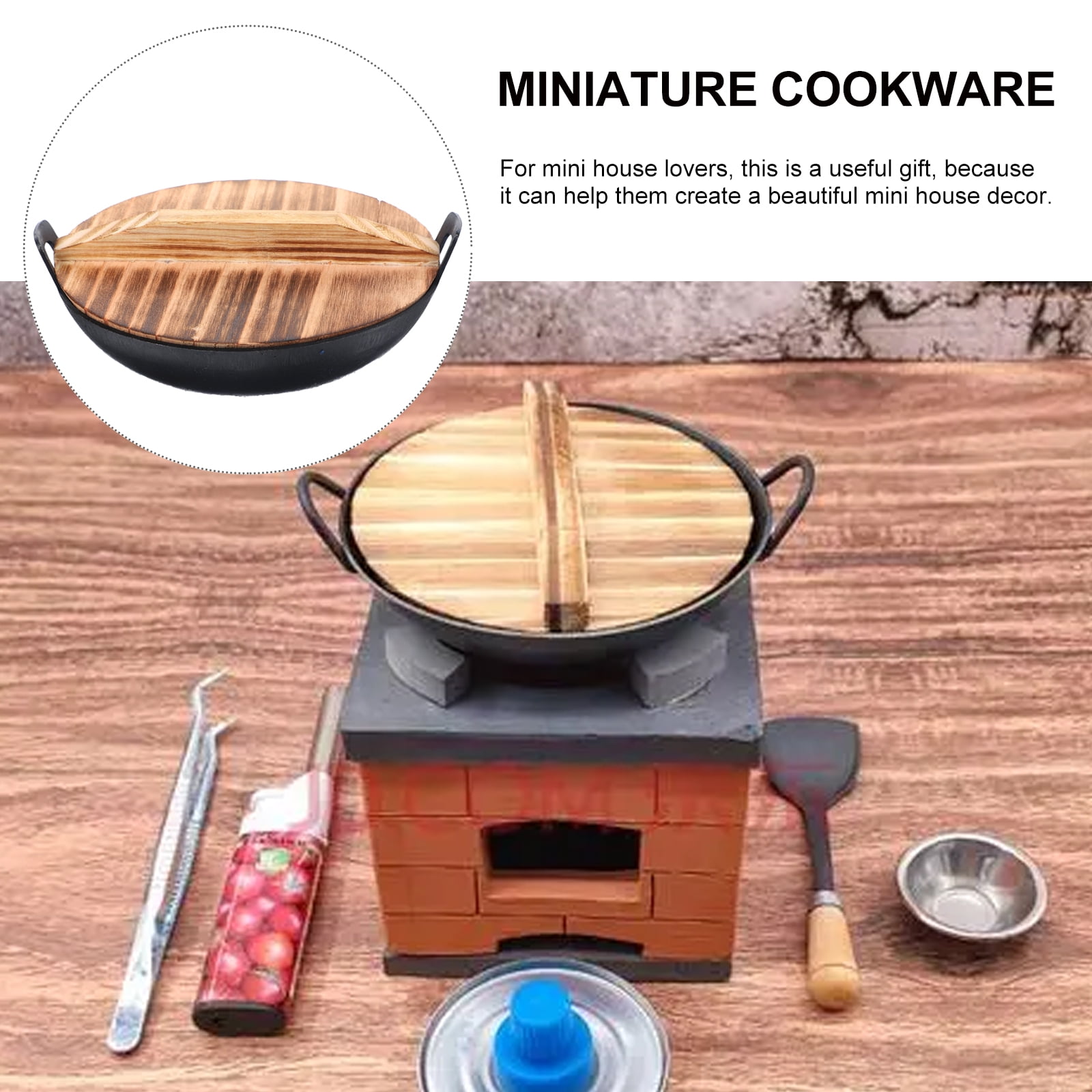 1 Set Mini Amphora Wok Kitchen Pretend Wok Flat Bottom Pre- Seasoned Cast P Mini Amphora Wok Kitchen for Toy Baking Dish with Lid Flat Griddle Work  Black