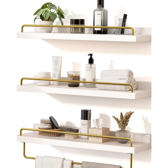 Seocry Floating Shelves Set of 3, Wall Mount Bathroom Shelf 15.7 Inch, White Gold Finish for Bedroom Kitchen Display