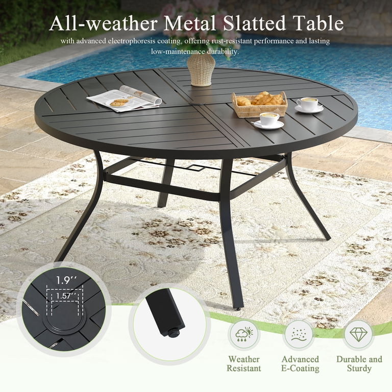 low patio table with umbrella hole Emma + Oliver Commercial Grade 35.25" RD Sky BL Indoor-Outdoor Steel Table-Umbrella Blue resistant powder BIQWBIC 32" Patio Table with