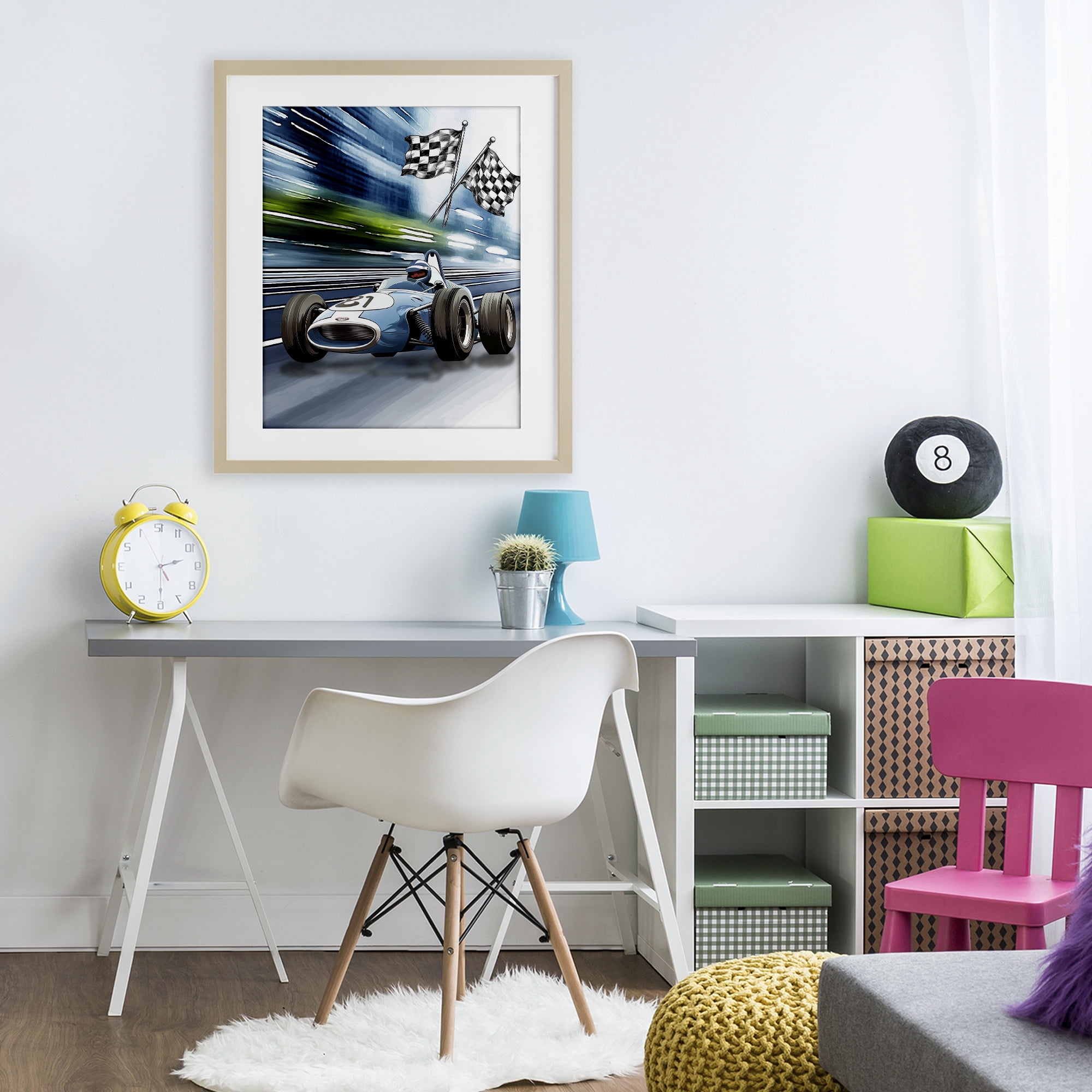 Stupell Industries Speedy Racecar with Flags Birch Framed Print Under Glass, design by Christine Simpson Art