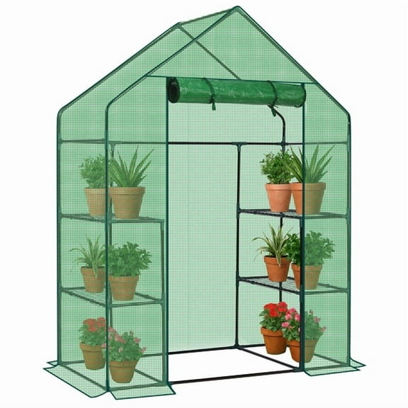 Mini Walk-in Greenhouse with PE Cover, 4-Shelf Indoor Outdoor Plant Gardening Green House for Garden Backyard, Green/56" x 29" x 77"
