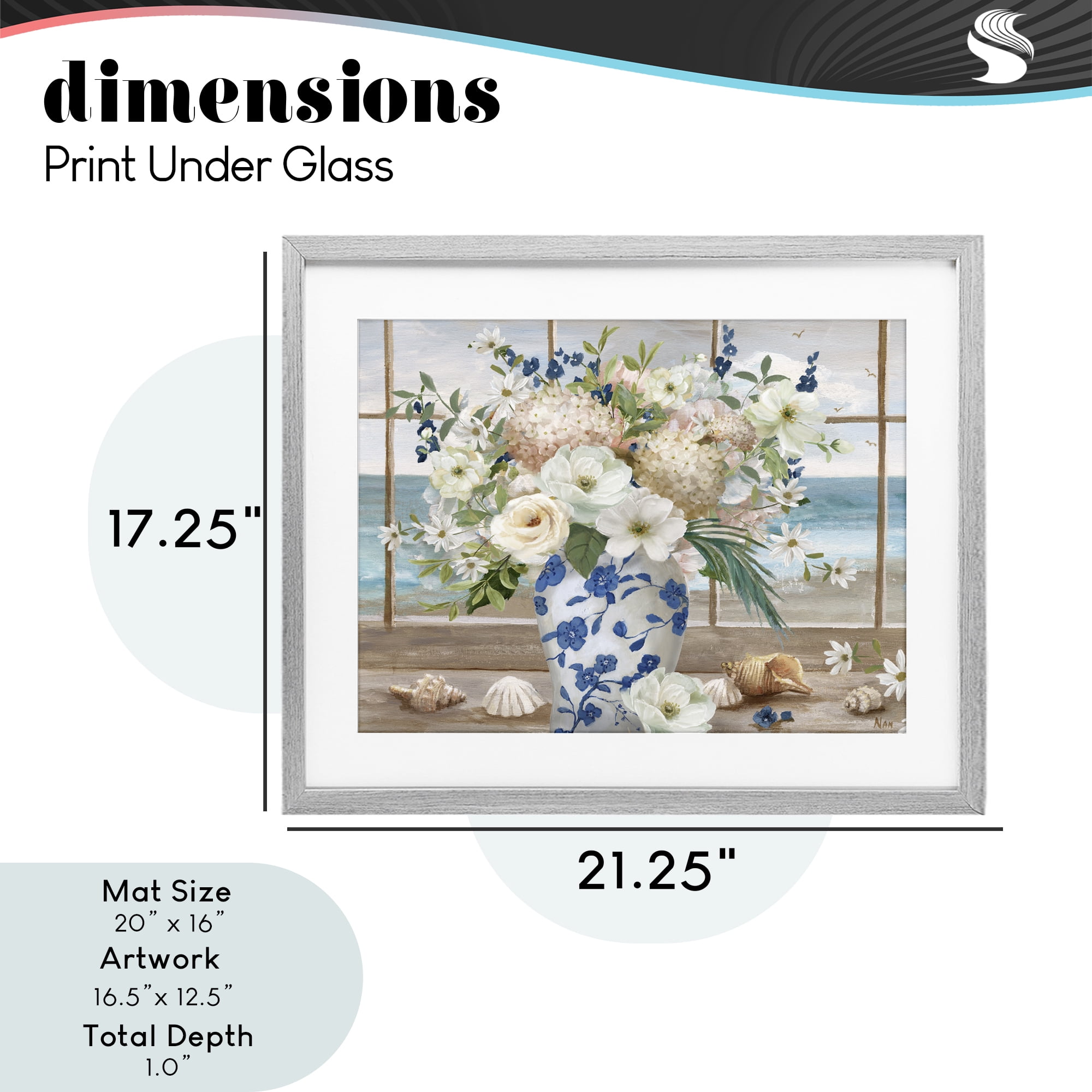 Stupell Industries Seashells & Flowers Windowsill Gray Framed Print Under Glass, design by Nan