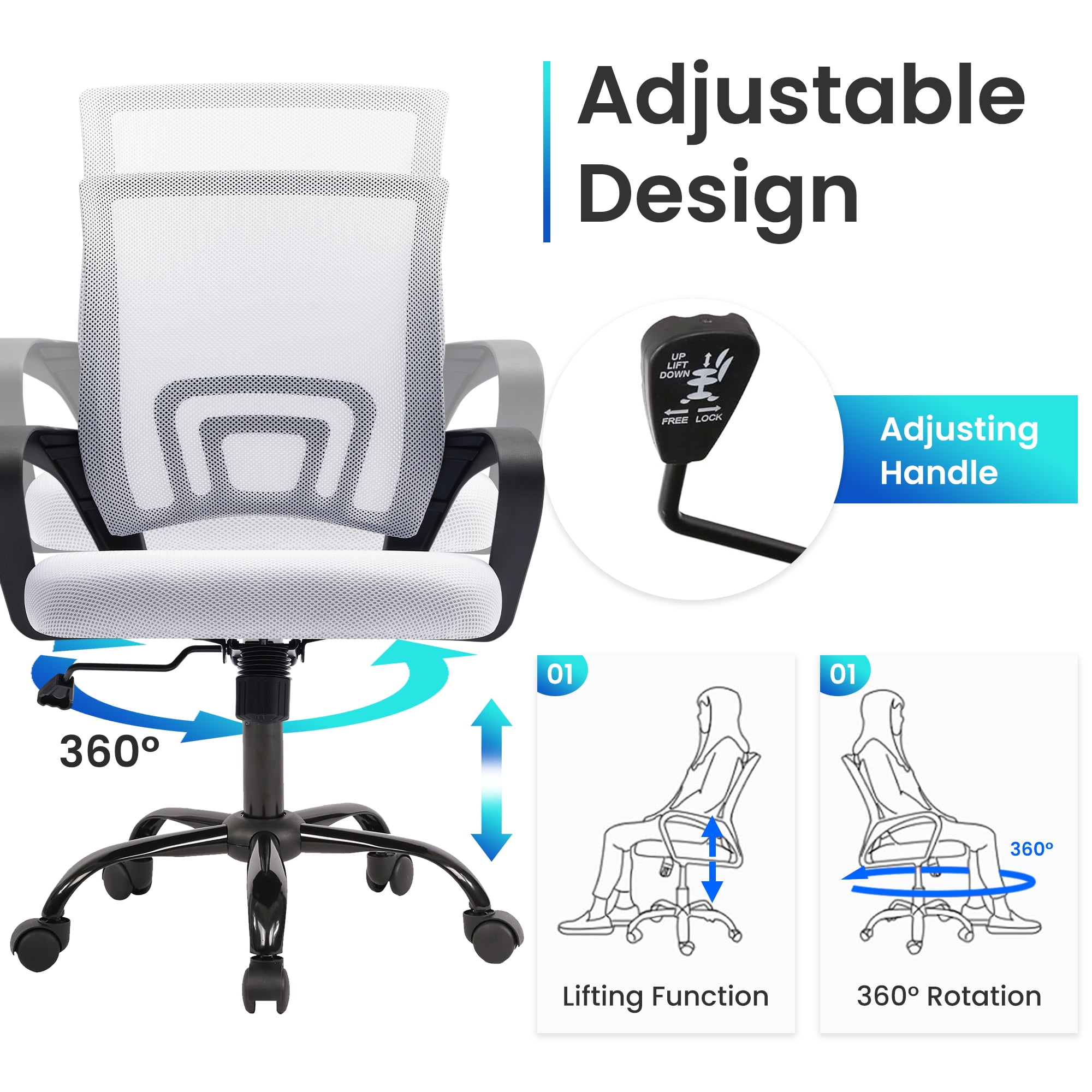 JONPONY Ergonomic Office Chair，Swivel Desk Chair with Lumbar Support, Adjustable Height with Armrests for Adults,White