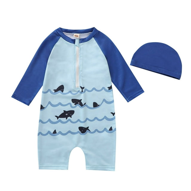 Hiiyo Toddler Boys Long Sleeve Zip-Up Rash Guard One-Piece Swimsuit with Hat, Sizes 4-5 T