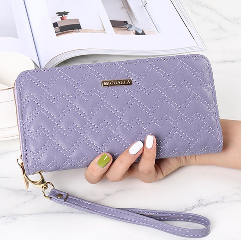 Women's Leather RFID-Blocking Zip Around Clutch Wallet with Wristlet  Strap,purple