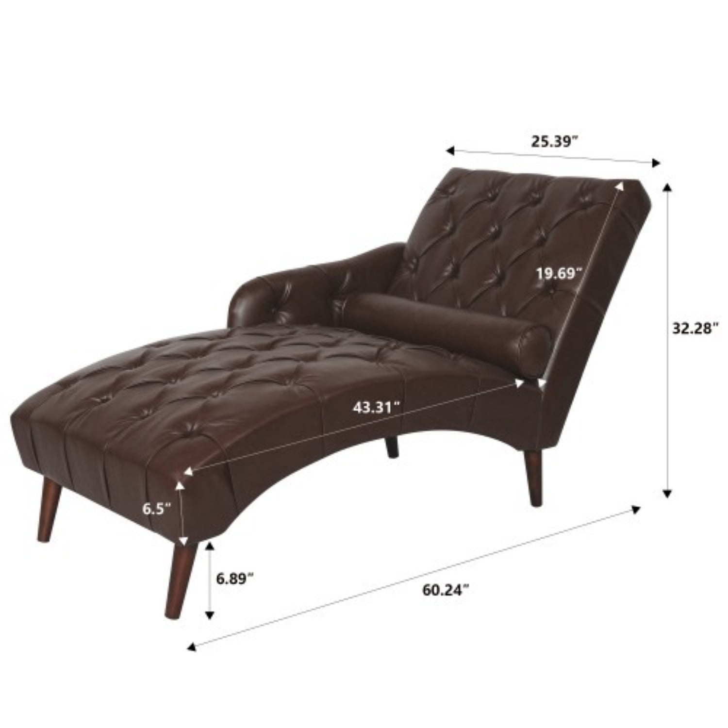 Chaise Lounge Chair with Pillow, Upholstered PU Leather Accent Chair with Tufted Back, Solid Wood Legs & Armrest, Indoor Reading Chaise for Living Room, Bedroom & Office, Dark Brown