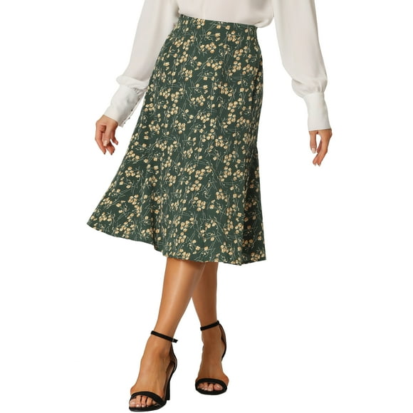 Women's Peasant Elastic Waist A-Line Midi Leave Print Skirt Dark Green XL