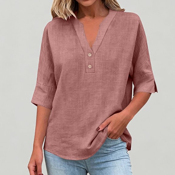 Xijirk Women's Notched V‑Neck Half Button Blouse, 3/4 Sleeve Loose Fit Casual Everyday Shirt,L
