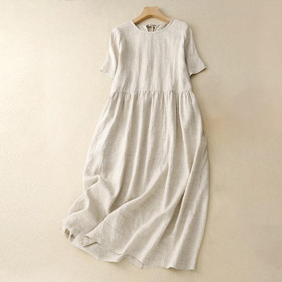 Bnwani Womens Summer Dresses,Ladies Dresses,Linen Cotton,Short Sleeve,Solid,Crew Neck,Beige,L