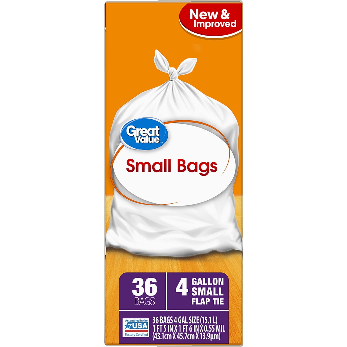 Great Value Small Kitchen Flap Tie Trash Bags, 4 Gallon, 36 Count