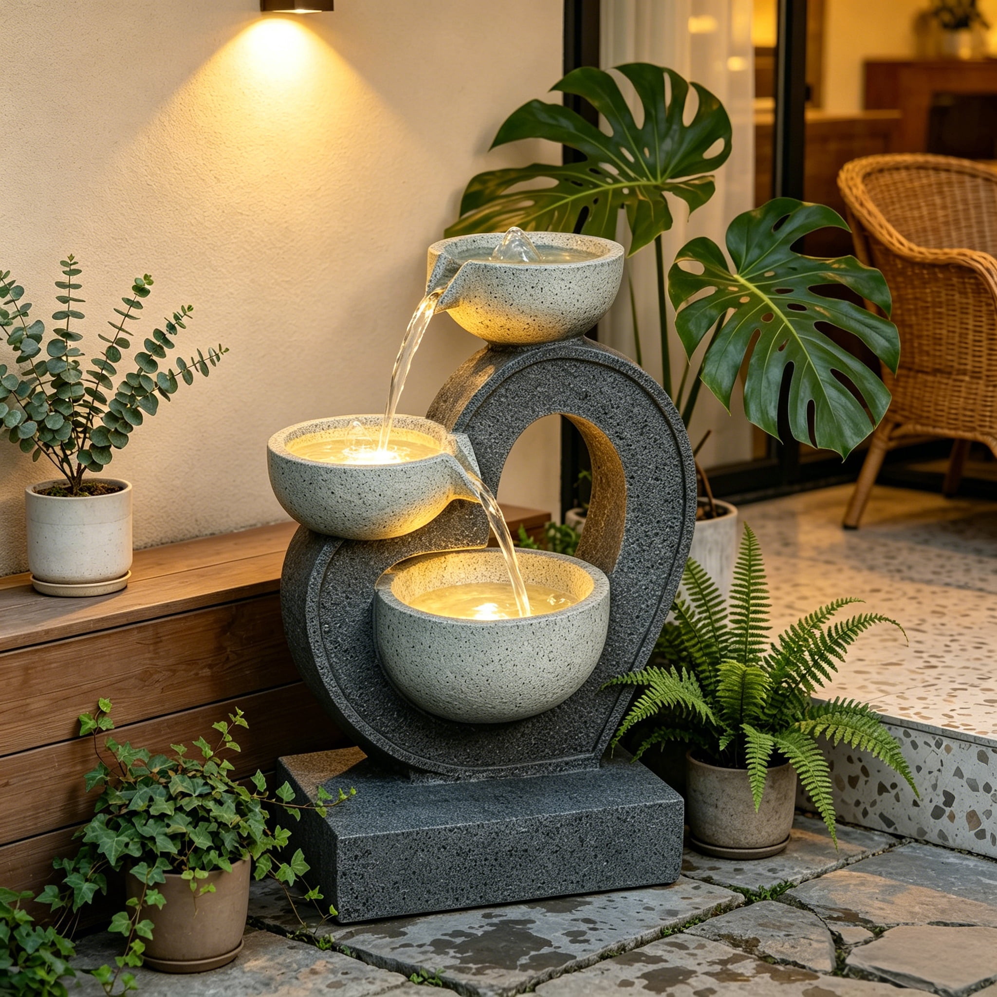 Mintazer 19.7" Modern 3-Tier Bowl Cascading Polyresin Water Fountain with Warm LED Lights, Silent Recirculating Pump Freestanding Waterfall Feature for Indoor Patio Garden Balcony Entryway