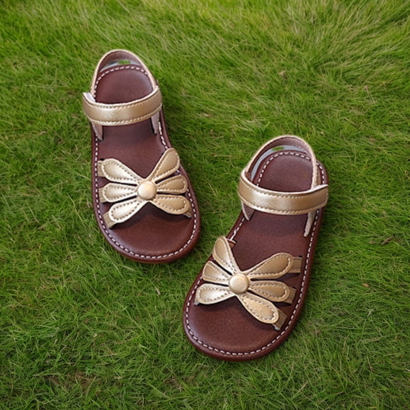 Conairie Girls Sandals Open Toe Adjustable Hook And Loop Beach Sandals Kids Comfortable Casual Athletic Shoes Gold 1-1.5 Y
