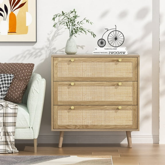 Eumyviv Rustic Tall Wood 3-Drawer Dresser, Farm House Style, Oak Finish