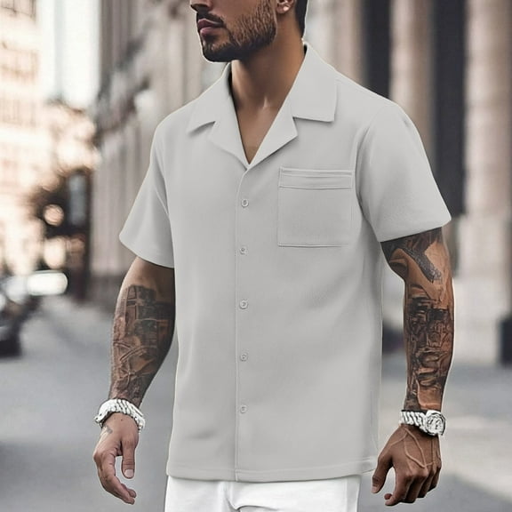 ZZHZGZ 4Th of July White Mens Button down Shirt Men's Summer Lapel Solid Color Short Sleeved Button down Casual Fashion Shirt Late July Oversized Shirts Men Xxxxl