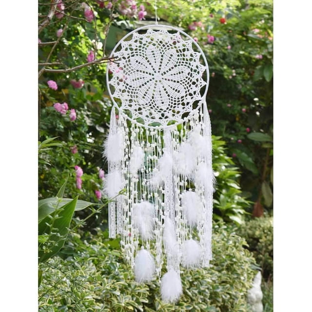 Atrapasueños de plumas blancas grandes, colgante de pared de macramé para decoración del hogar o boda Vintage, círculo de 80cm de largo y 30cm
