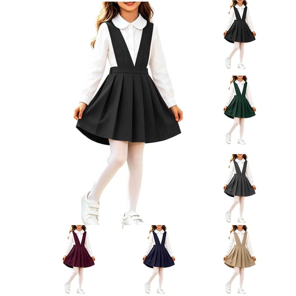 XRoczxe Girls V Neck Suspender Pleated Dress Kids Solid Uniform Skirt For School Daily Outfit|Black