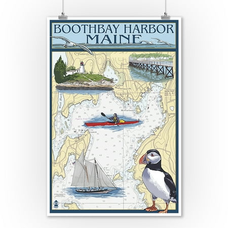 Maine Lake Charts Boothbay Harbor, Maine - Nautical Chart - Lantern Press Artwork (9x12 Art Print, Wall Decor Travel Poster) ()