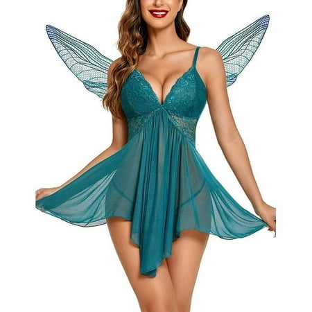 SkyAuks Lace Sleepwear  V Neck Sexy Sleepwear Strap Chemis Babydoll Nightgown Peacock Blue L