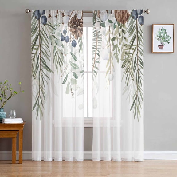 ERUNPONLY Sage Green Christmas Sheer Curtains 84 Inch Length 2 Panels Set, Weeping Xmas Berry Pine Cones Voile Window Treatment Curtains Sheers Drapes for Bedroom/Living Room/Kitchen 52"x84"x2