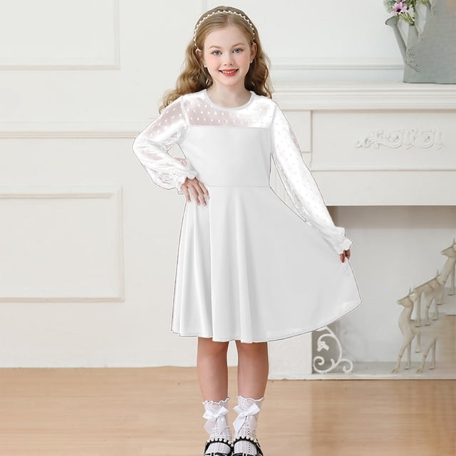 Robes pour Préadolescente à Manches Longues, Évasées à Étages, Coupe Trapèze, Robes Soleil, Robe Chic, Robe Blanche, Robe de Mariage pour Filles