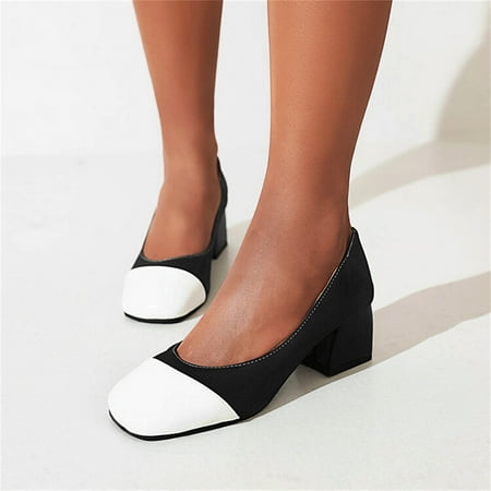 

Aayomet Dance Shoes for Women Ladies Fashion Color Blocking Leather Shallow Mouth Square Head Thick Heel Casual Single Shoes Black 6.5