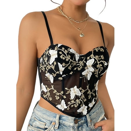 

Women s Corset Tops Sleeveless Butterfly Embroidery Camisole Mesh Tops