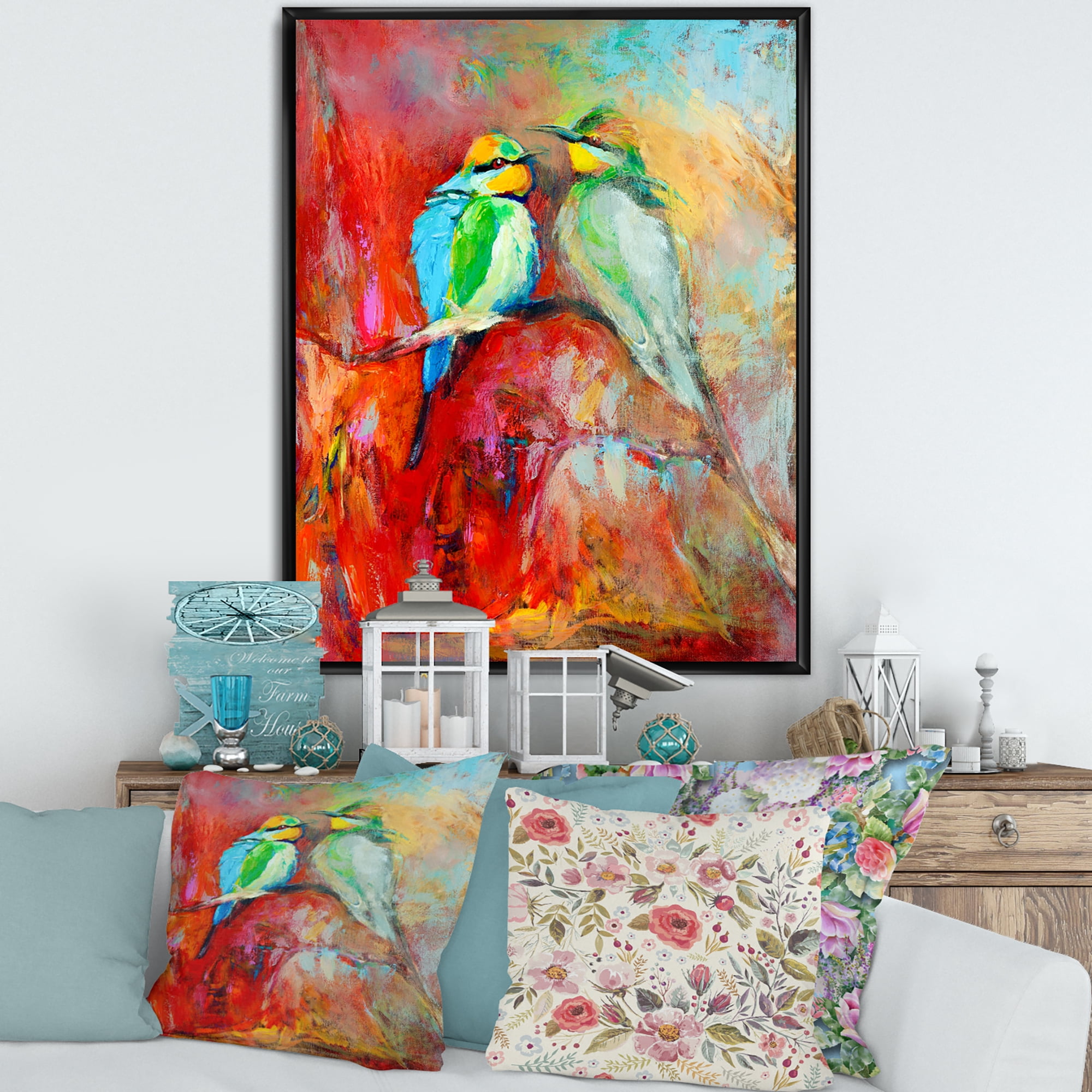 Designart 'Blue Tailed Bee Eaters Sitting On A Branch' Nautical & Coastal Framed Canvas Wall Art Print