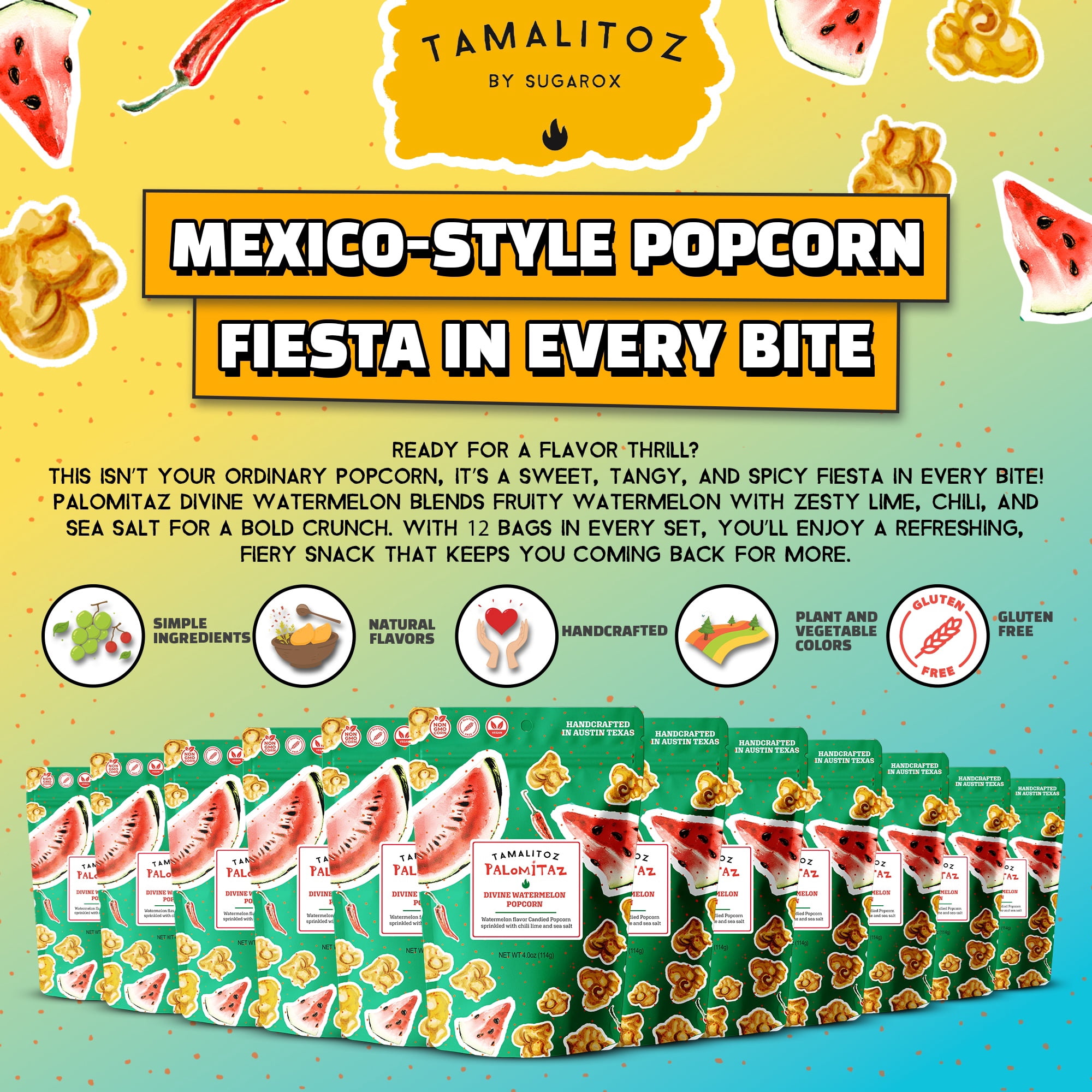 Palomitaz Gourmet Popcorn Divine Watermelon Popcorn – Sweet & Spicy Mexican-Style Kettle Corn with Watermelon, Chili, Lime & Sea Salt – Handcrafted Snack – Gluten-Free, Vegan – 12 Bags (4oz Each)