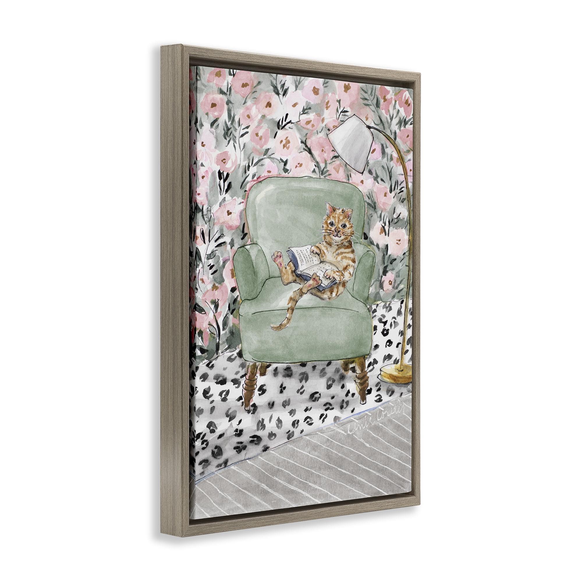 Stupell Industries Cozy Cat Reading Brown Framed Floater Canvas Wall Art, design by Lanie Loreth
